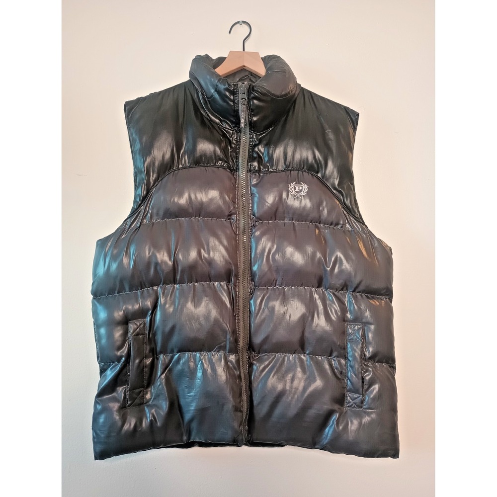 Vtg 90s Y2K Phat Farm Classics Puffer Vest Black Mens XL Shiny Bubble Streetwear